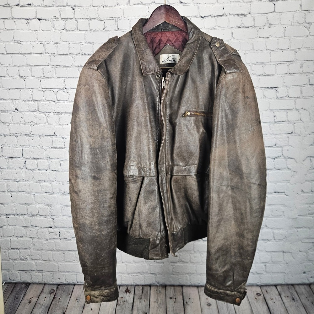Liaison Vintage‎ Distressed Brown Leather Bomber Flight Jacket Quilted Lining